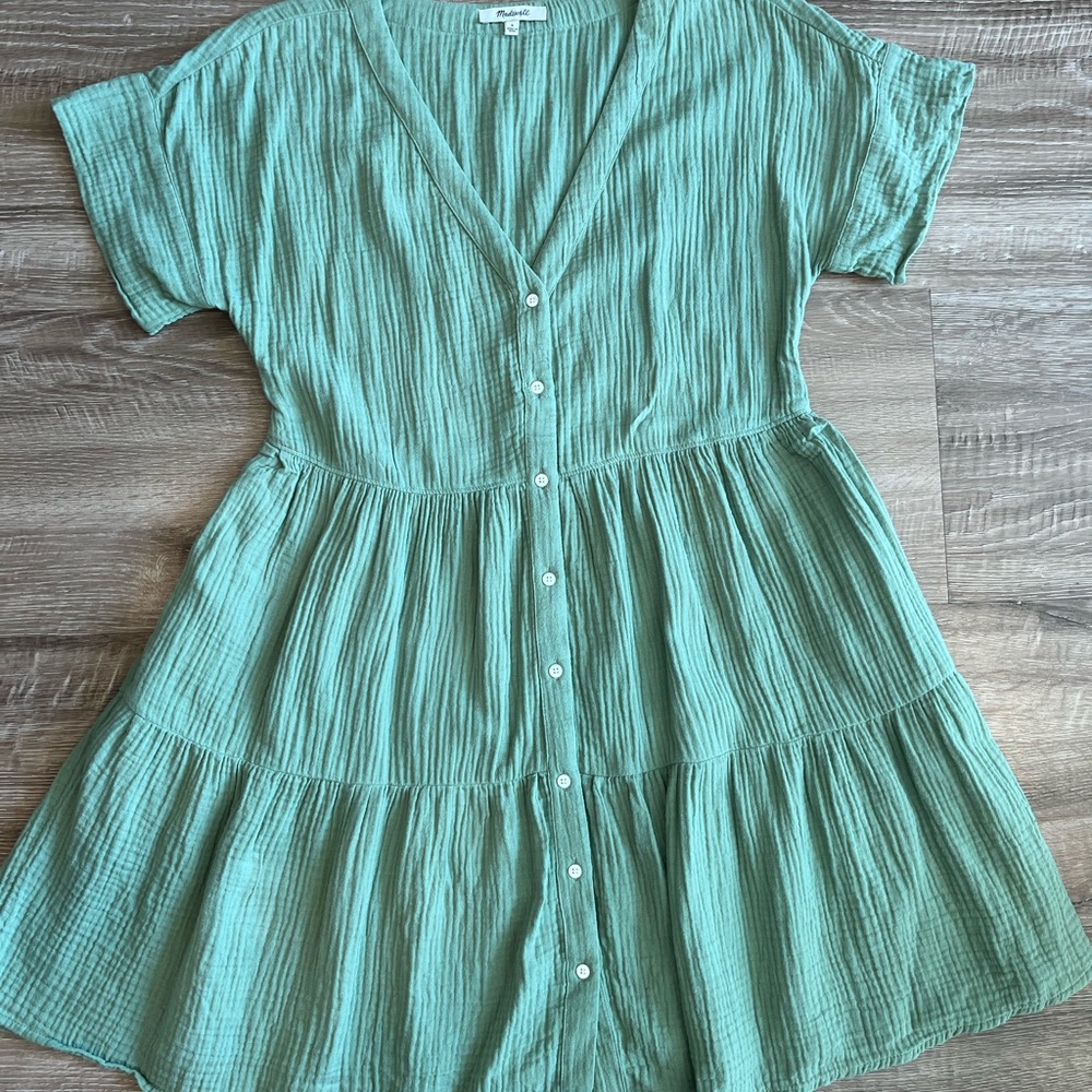 Madewell Women’s Green Cotton Gauze Short Sleeve Tiered Mini Dress Size Small